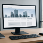 A desktop computer displaying a modern website layout on its screen in a bright office setting.