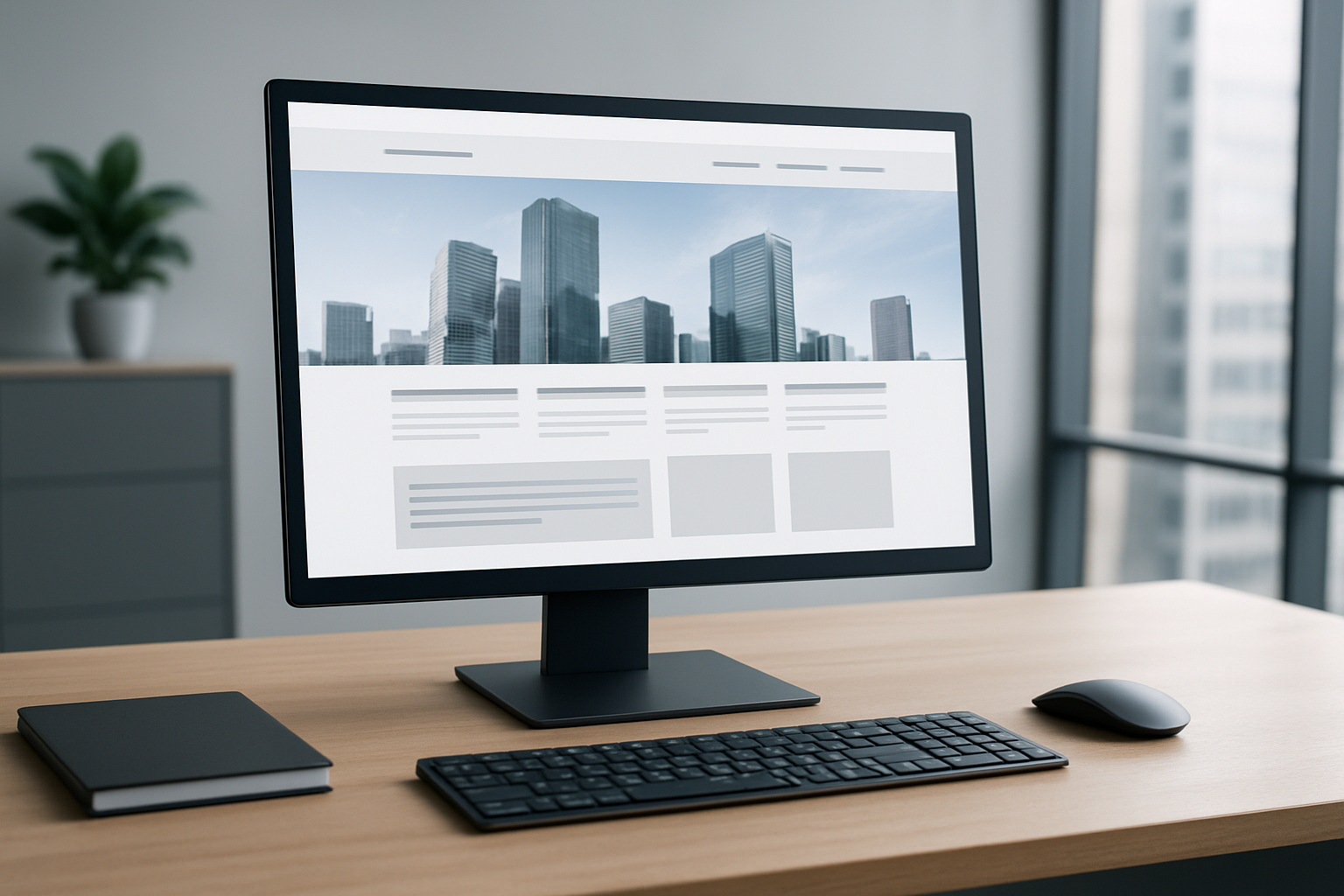 A desktop computer displaying a modern website layout on its screen in a bright office setting.