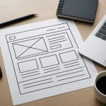 A workspace with a laptop, sketch of a website layout, pen, notebook, and a coffee cup on a desk