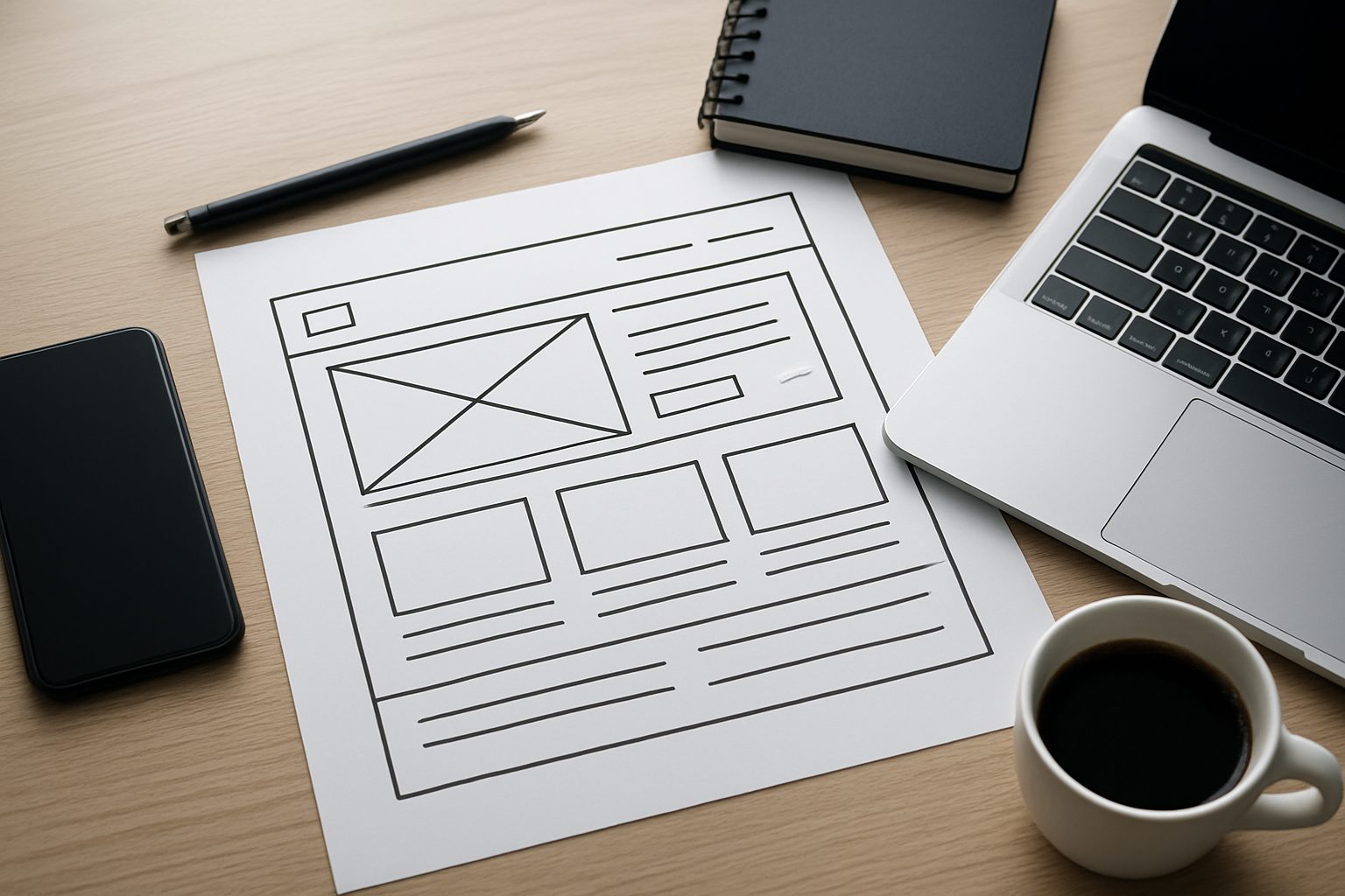 A workspace with a laptop, sketch of a website layout, pen, notebook, and a coffee cup on a desk