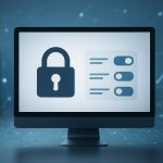 A computer screen displaying a lock icon and privacy settings toggle switches on a data-themed background