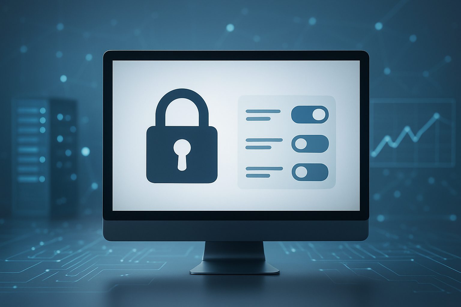 A computer screen displaying a lock icon and privacy settings toggle switches on a data-themed background