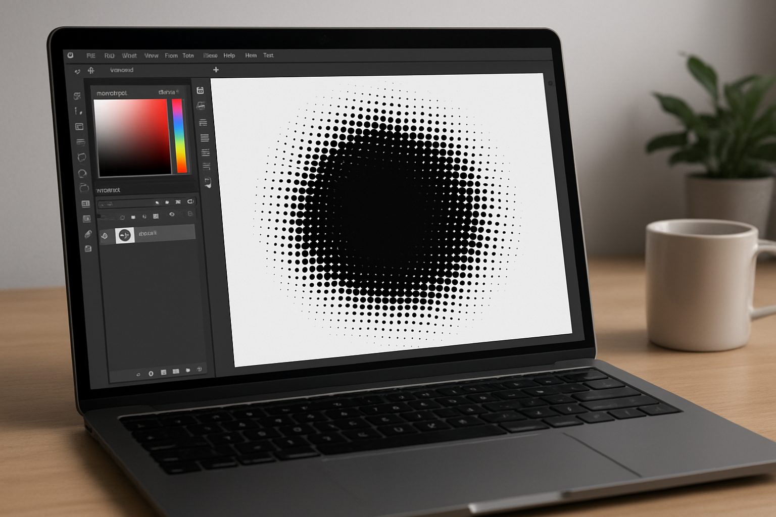 A laptop displaying a black halftone dot pattern on the screen, with a coffee mug and plant in the background.